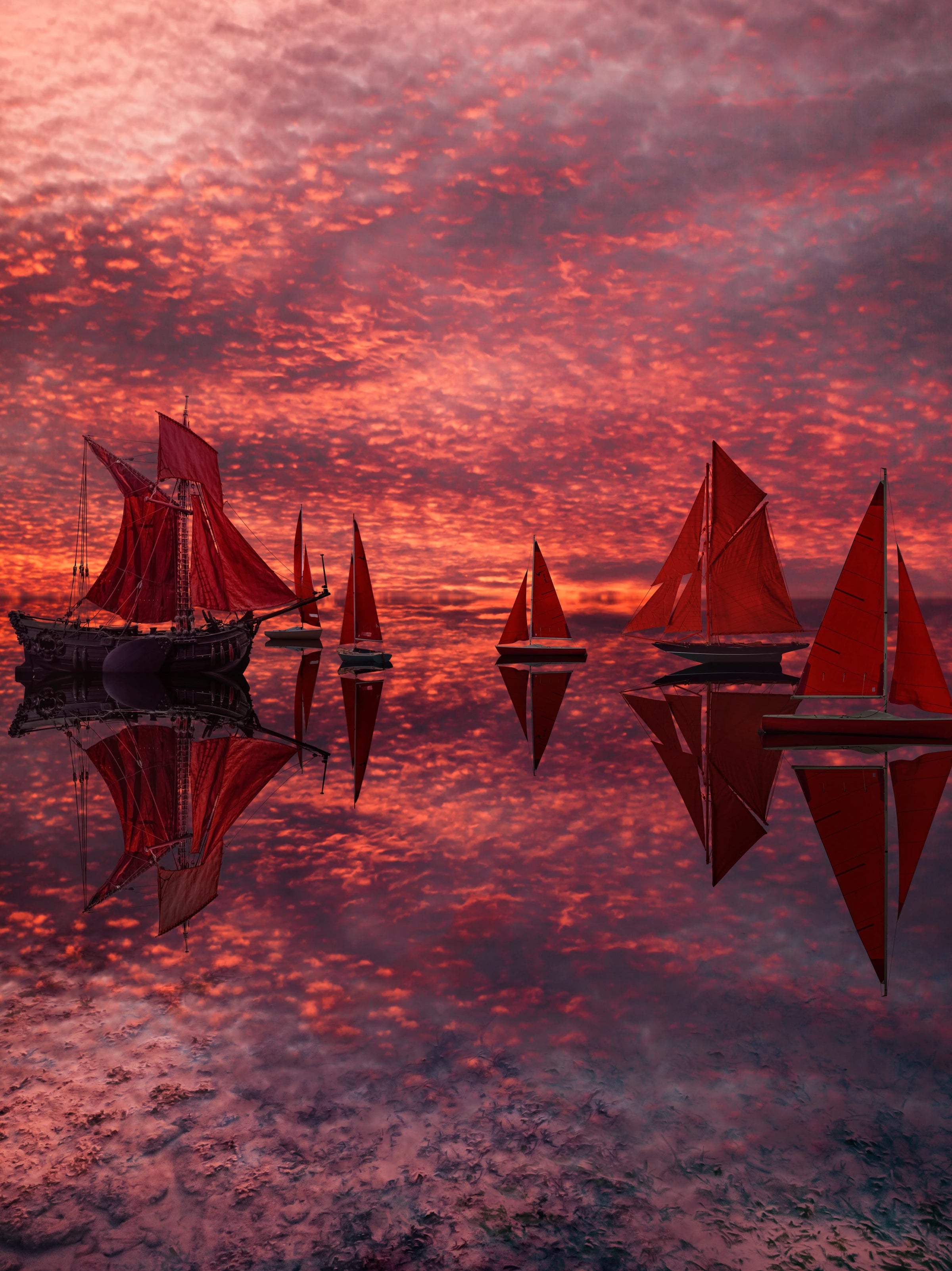 Tableau photo de superbes voiliers aux voiles rouge sur la mer et avec un couché de soleil