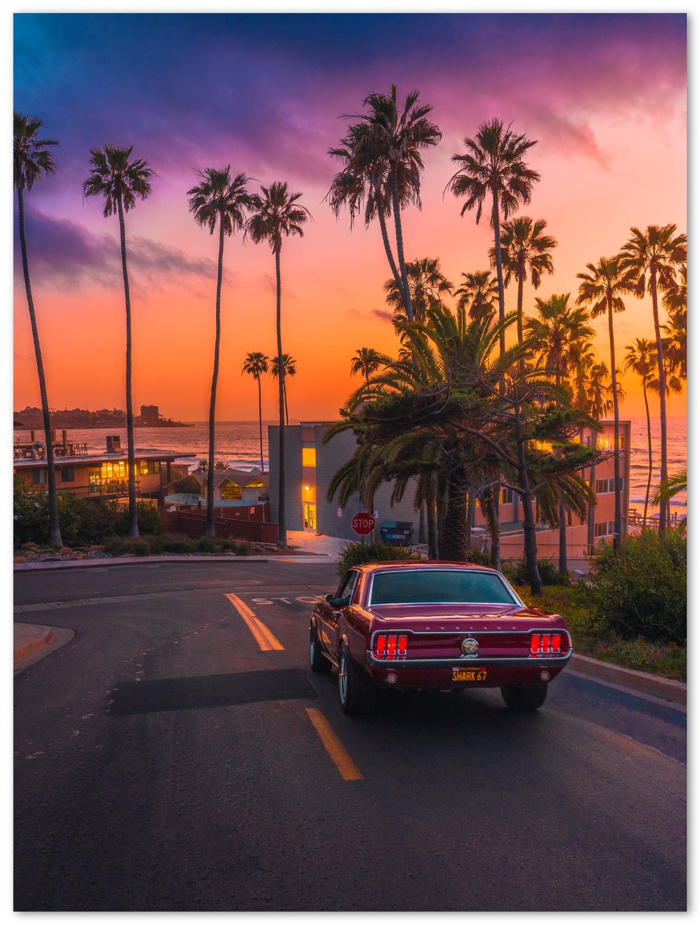 Tableau photo d'art en plexiglas montrant une voiture américaine au coucher de soleil à Los Angeles