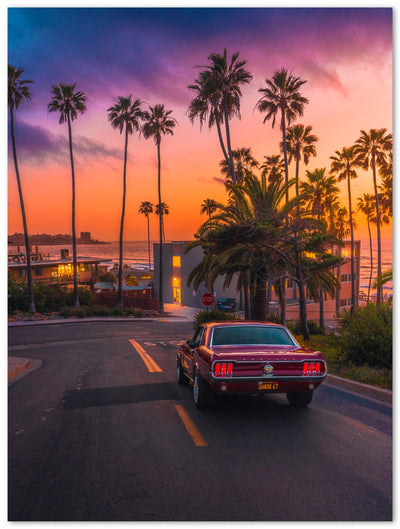 Tableau photo d'art en plexiglas montrant une voiture américaine au coucher de soleil à Los Angeles