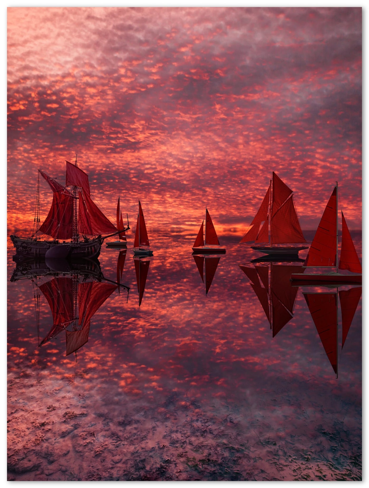 Tableau photo d'art en plexiglas montrant des voiliers aux voiles rouges au coucher de soleil à Saint Petersbourg