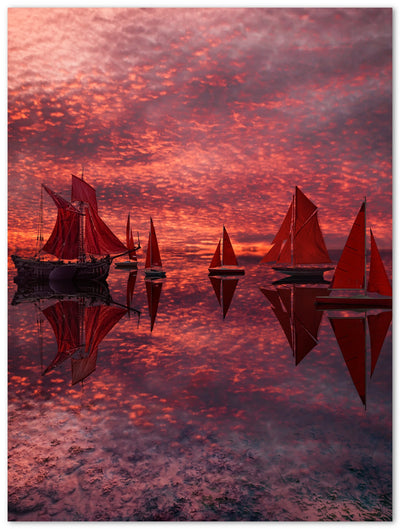 Tableau photo d'art en plexiglas montrant des voiliers aux voiles rouges au coucher de soleil à Saint Petersbourg