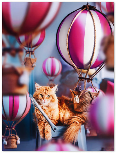 Tableau photo d'art en plexiglas montrant un chat, une souris et des montgolfières roses